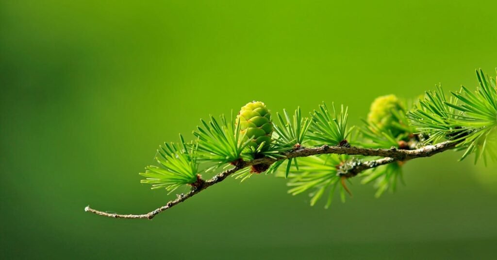 Macro shot of a green pine branch with cones and needles against a blurred background.