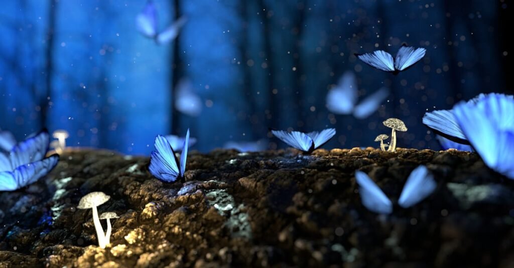 Magical scene of blue butterflies fluttering amidst glowing mushrooms in a dark forest.